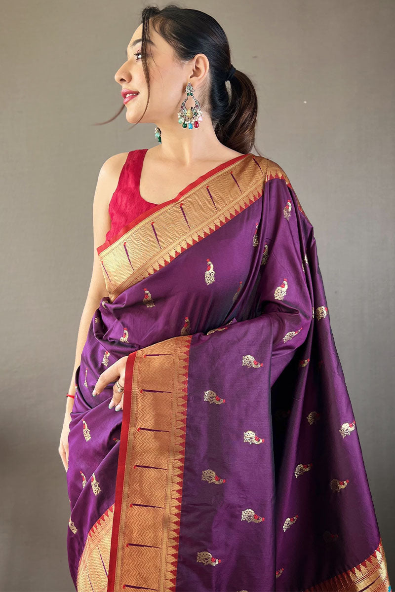 Appealing Purple Paithani Silk Saree With Flameboyant Blouse Piece