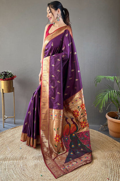 Appealing Purple Paithani Silk Saree With Flameboyant Blouse Piece