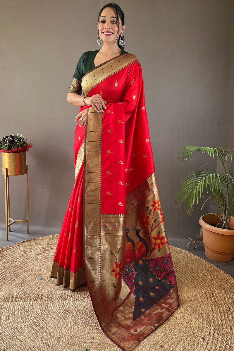 Classic Red Paithani Silk Saree With Bewitching Blouse Piece