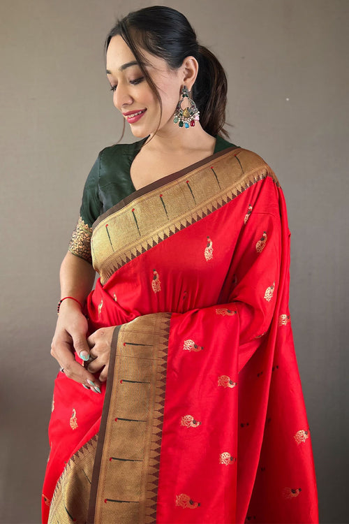 Load image into Gallery viewer, Classic Red Paithani Silk Saree With Bewitching Blouse Piece
