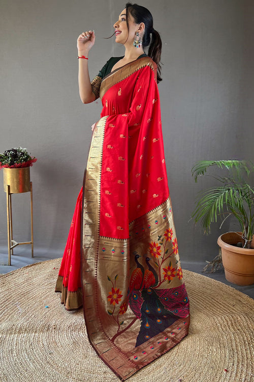 Load image into Gallery viewer, Classic Red Paithani Silk Saree With Bewitching Blouse Piece
