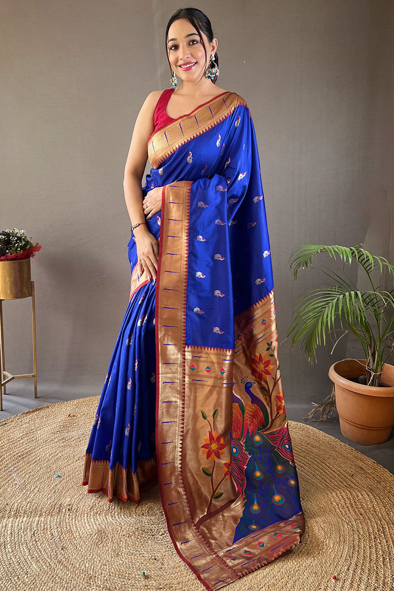 Desultory Royal Blue Paithani Silk Saree With Embrocation Blouse Piece