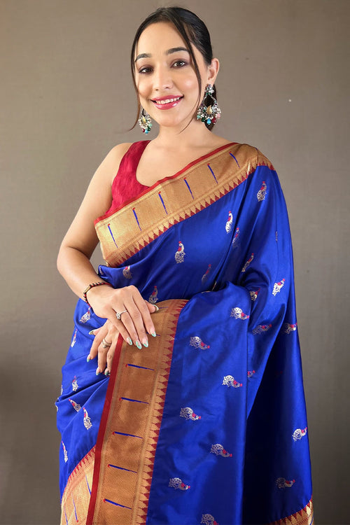 Load image into Gallery viewer, Desultory Royal Blue Paithani Silk Saree With Embrocation Blouse Piece
