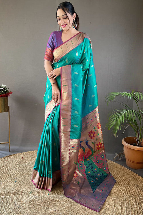 Load image into Gallery viewer, Evanescent Turquoise Paithani Silk Saree With Palimpsest Blouse Piece
