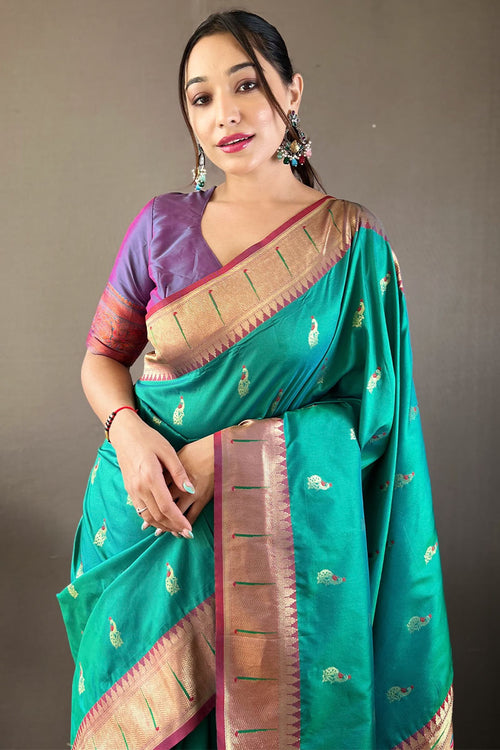 Load image into Gallery viewer, Evanescent Turquoise Paithani Silk Saree With Palimpsest Blouse Piece
