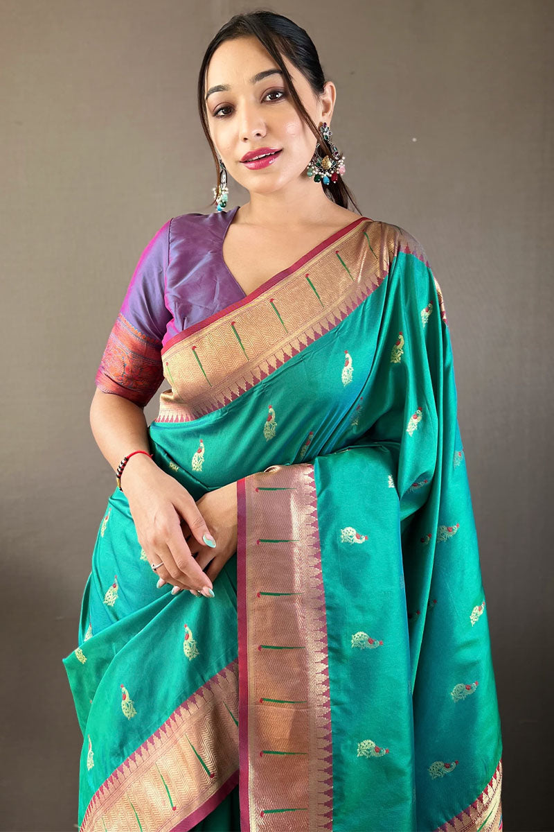 Evanescent Turquoise Paithani Silk Saree With Palimpsest Blouse Piece