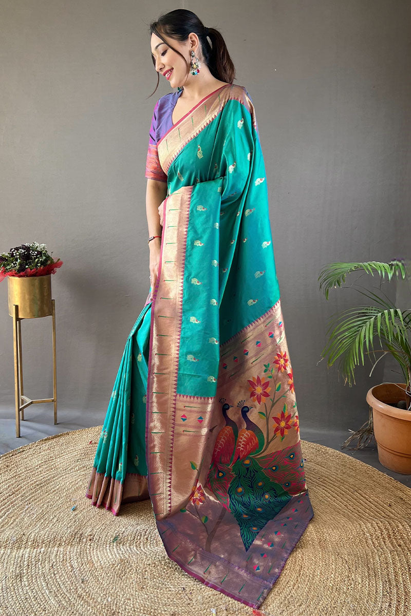 Evanescent Turquoise Paithani Silk Saree With Palimpsest Blouse Piece