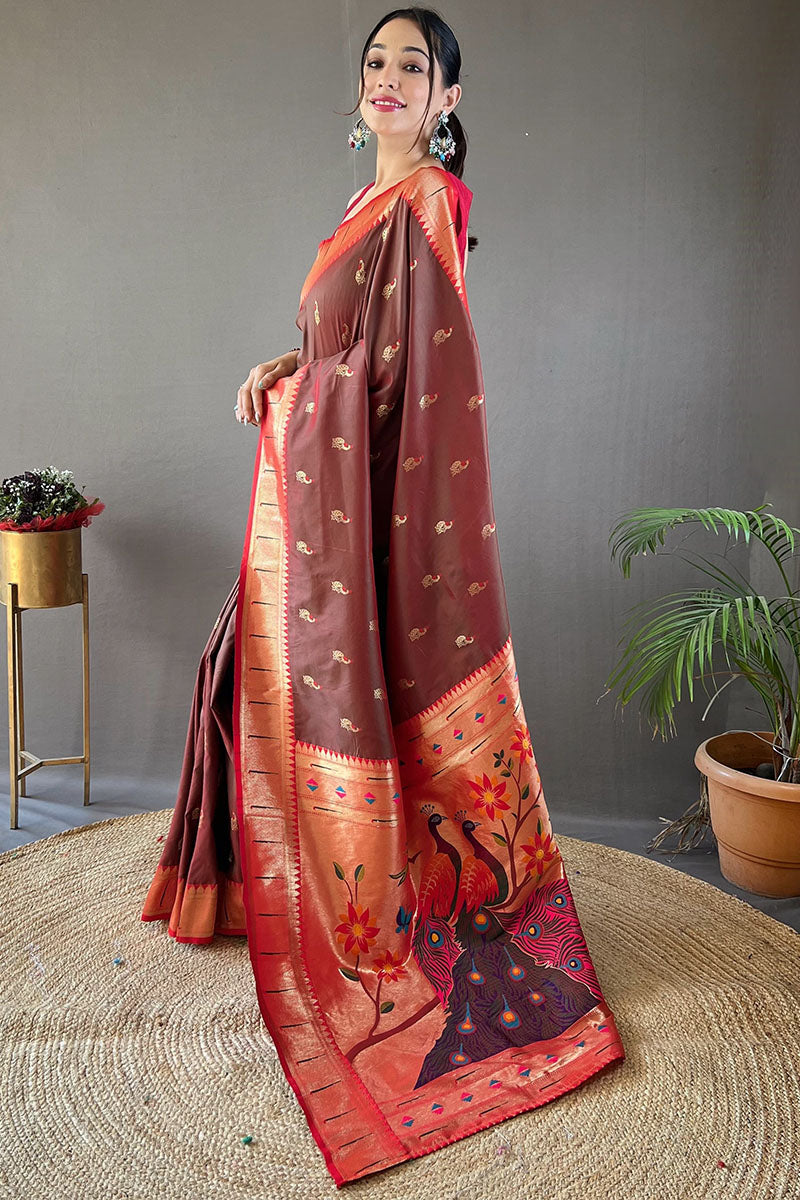 Staggering Wine Paithani Silk Saree With Incredible Blouse Piece