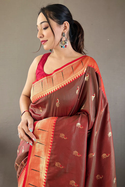 Load image into Gallery viewer, Staggering Wine Paithani Silk Saree With Incredible Blouse Piece
