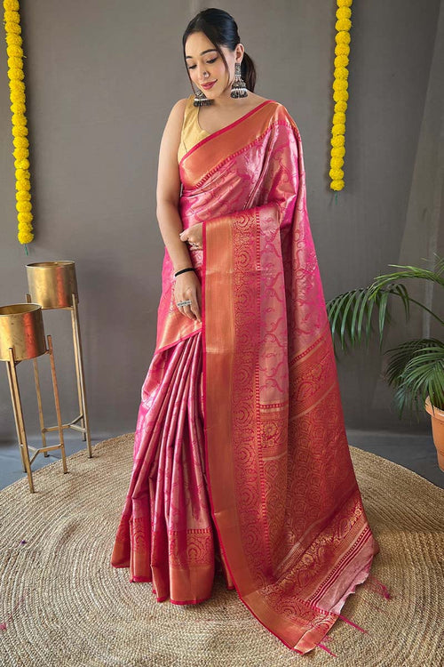 Load image into Gallery viewer, Ethnic Dark Pink Kanjivaram Silk Saree With Ravishing Blouse Piece
