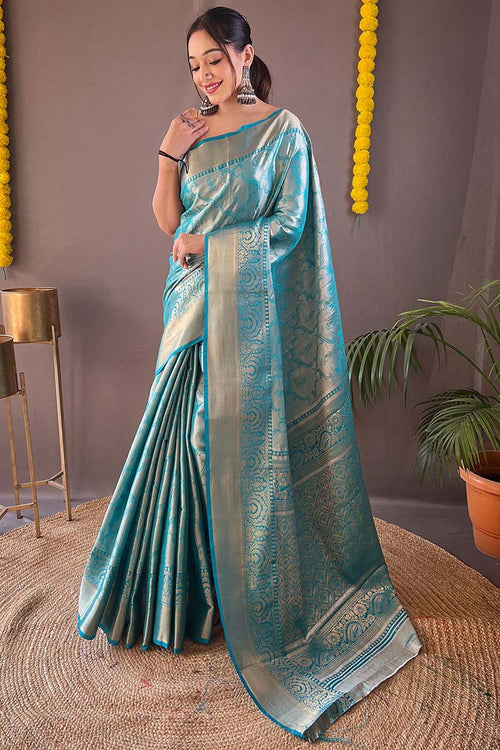 Load image into Gallery viewer, Desirable Firozi Kanjivaram Silk Saree With Adoring Blouse Piece
