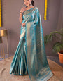 Desirable Firozi Kanjivaram Silk Saree With Adoring Blouse Piece