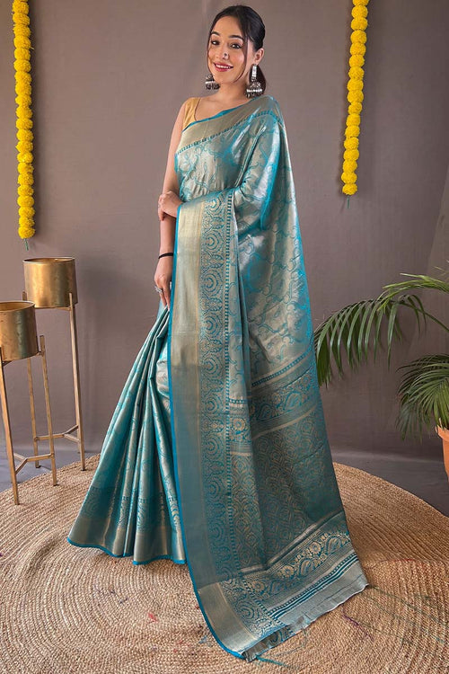 Load image into Gallery viewer, Desirable Firozi Kanjivaram Silk Saree With Adoring Blouse Piece
