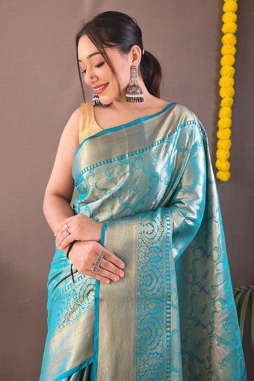 Load image into Gallery viewer, Desirable Firozi Kanjivaram Silk Saree With Adoring Blouse Piece
