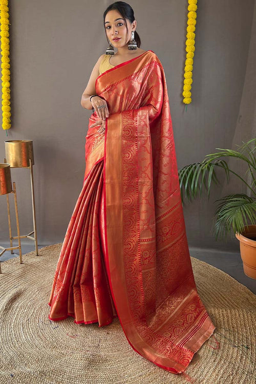 Load image into Gallery viewer, Unequalled Red Kanjivaram Silk Saree With Glittering Blouse Piece
