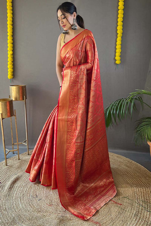 Load image into Gallery viewer, Unequalled Red Kanjivaram Silk Saree With Glittering Blouse Piece
