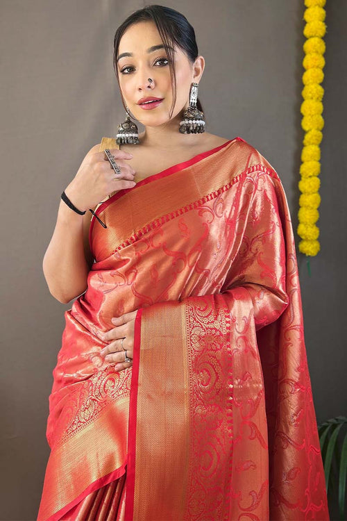 Load image into Gallery viewer, Unequalled Red Kanjivaram Silk Saree With Glittering Blouse Piece
