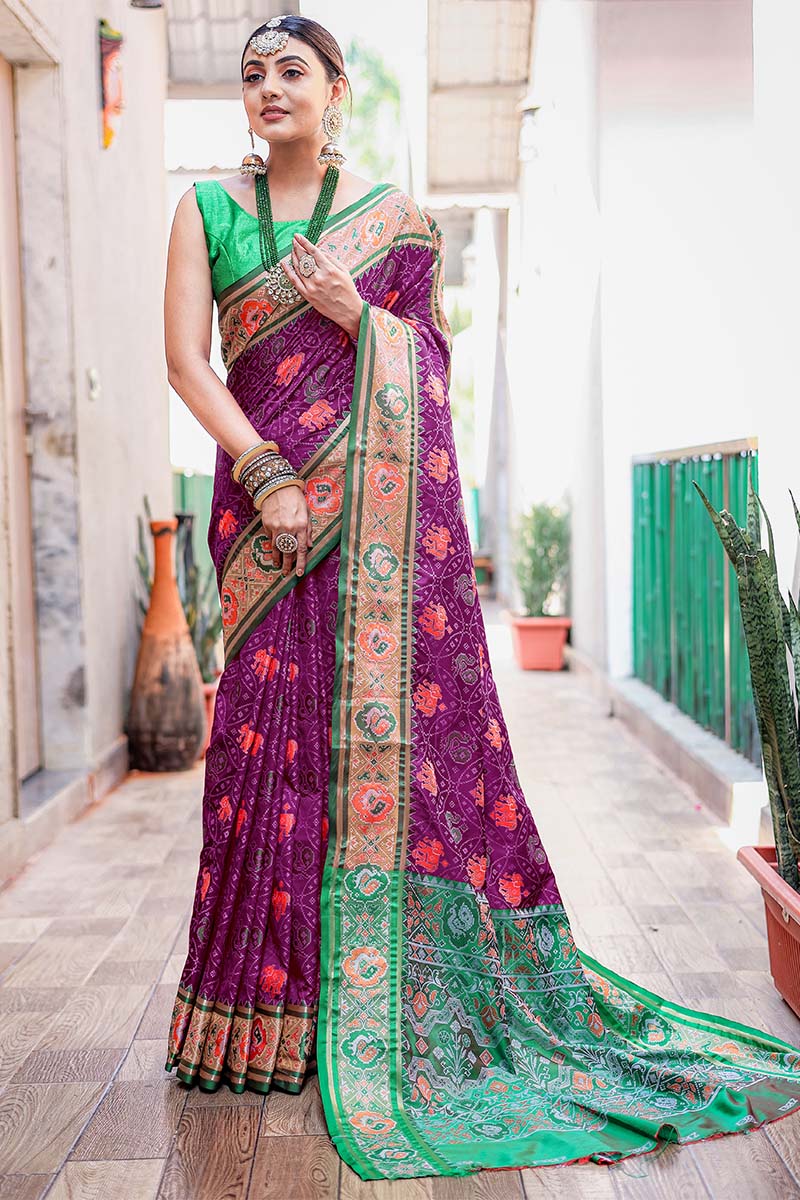 Refreshing Purple Patola Silk Saree with Precious Blouse Piece