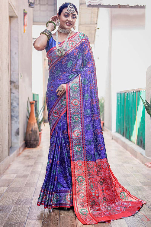 Load image into Gallery viewer, Appealing Royal Blue Patola Silk Saree with Hypnotic Blouse Piece
