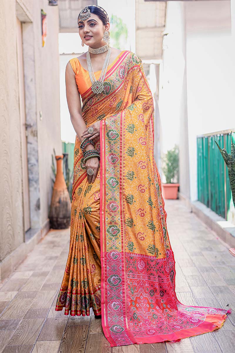 Prettiest Yellow Patola Silk Saree with Fairytale Blouse Piece