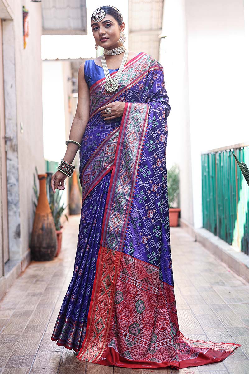 Woebegone Royal Blue Patola Silk Saree with Artistic Blouse Piece