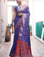 Woebegone Royal Blue Patola Silk Saree with Artistic Blouse Piece