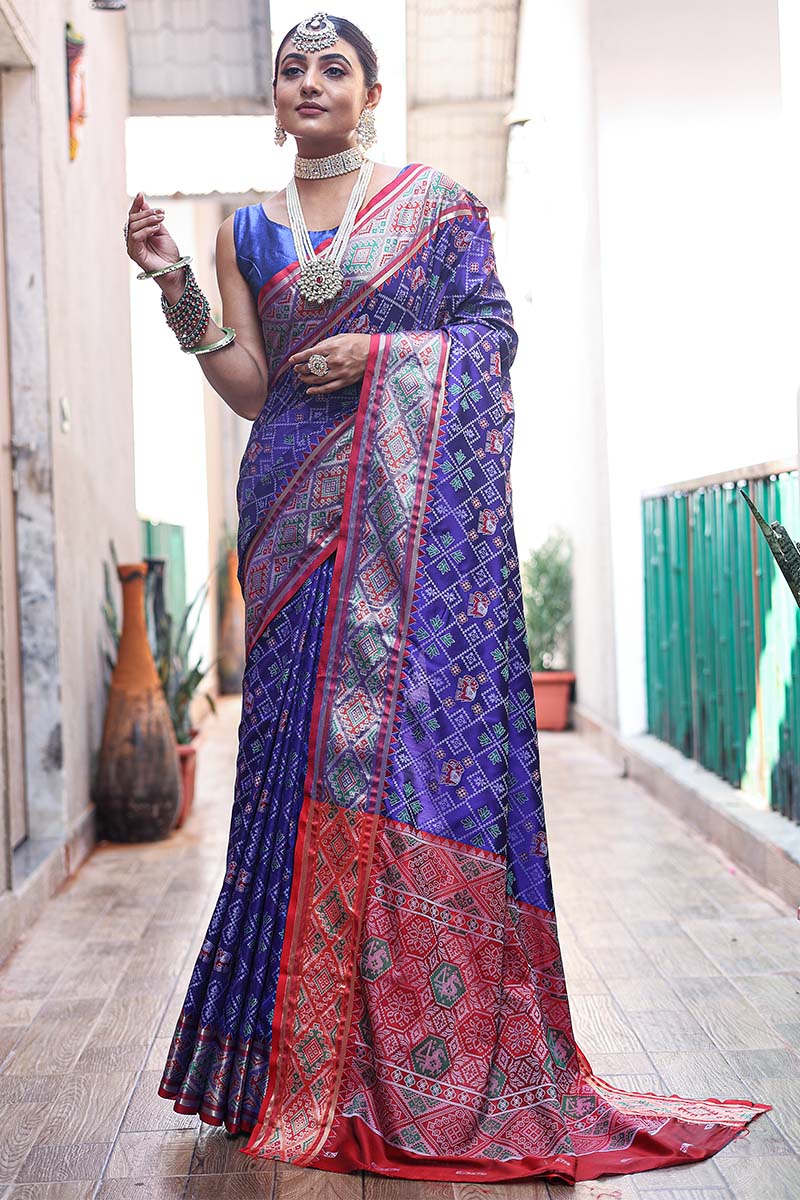 Woebegone Royal Blue Patola Silk Saree with Artistic Blouse Piece