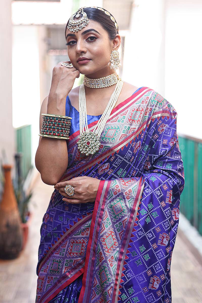 Woebegone Royal Blue Patola Silk Saree with Artistic Blouse Piece