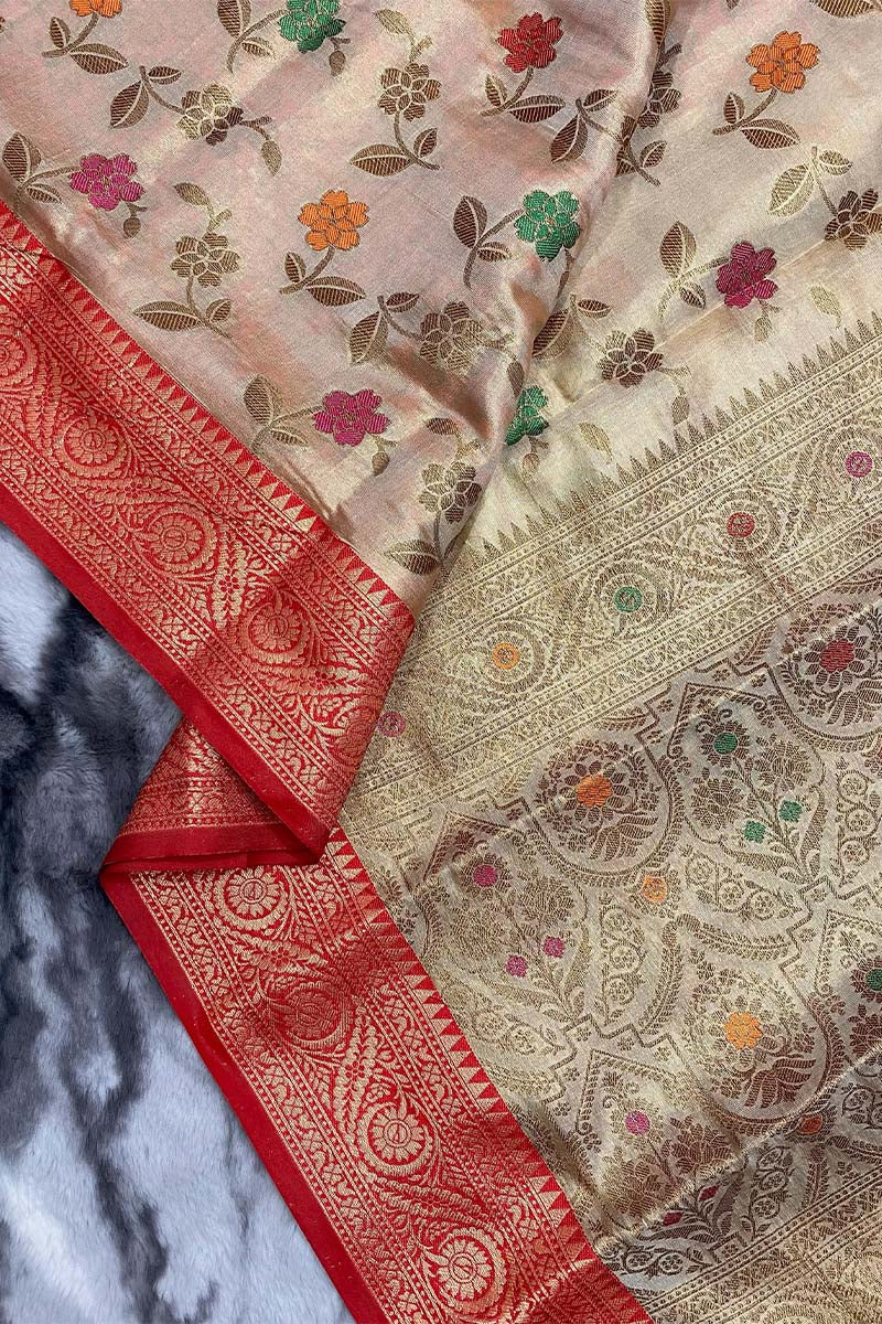 Stunning Beige Organza Silk Saree With Extraordinary Blouse Piece