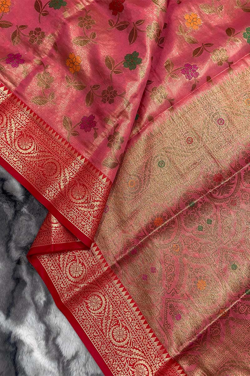 Blooming Pink Organza Silk Saree With Groovy Blouse Piece