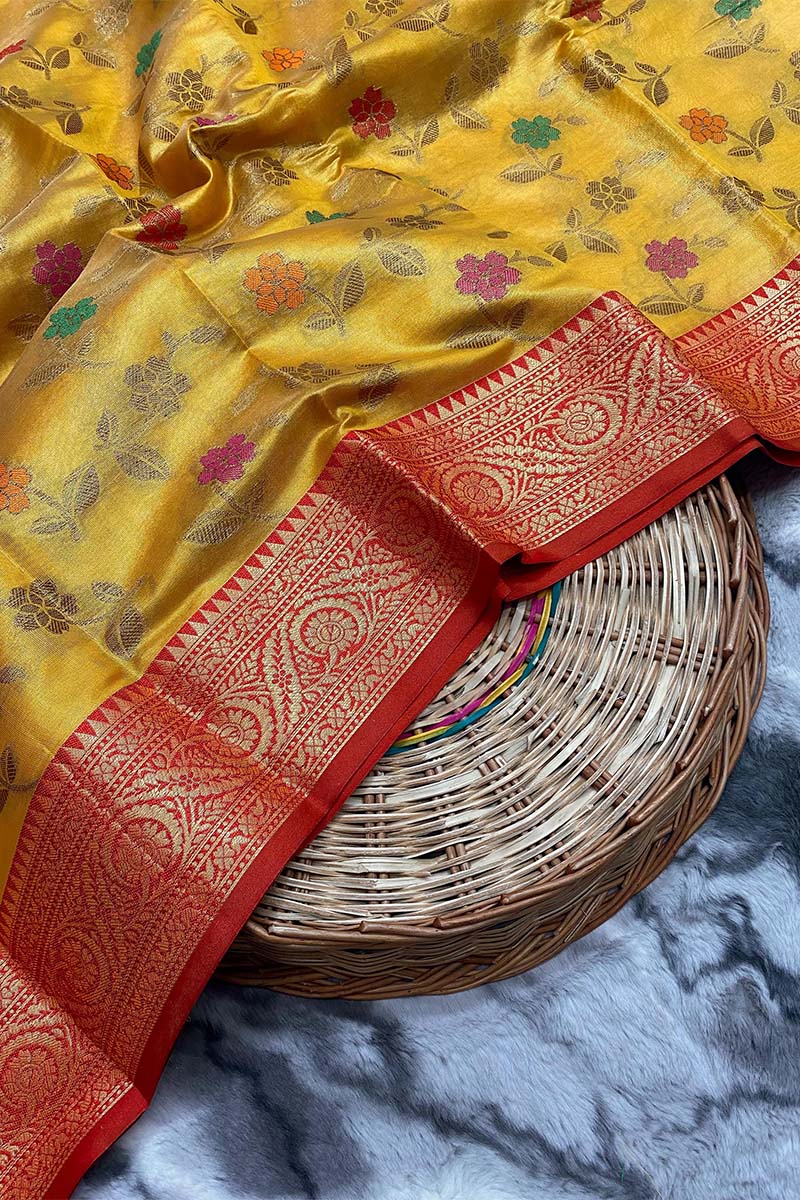 Entrancing Yellow Organza Silk Saree With Comely Blouse Piece