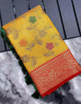 Entrancing Yellow Organza Silk Saree With Comely Blouse Piece