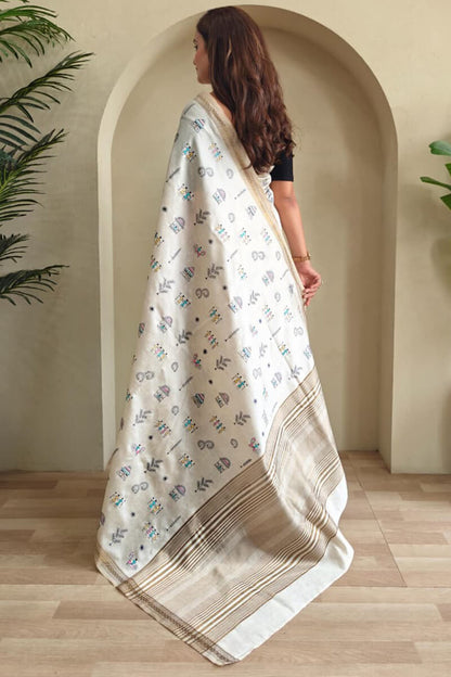 Glorious Off White Embroidery Work Tussar Silk Saree With Inspiring Blouse Piece