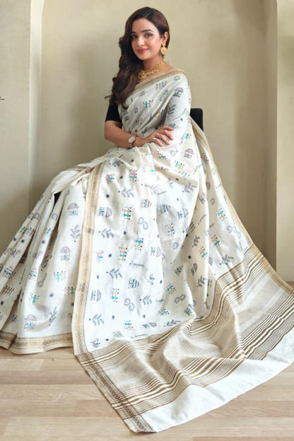 Glorious Off White Embroidery Work Tussar Silk Saree With Inspiring Blouse Piece