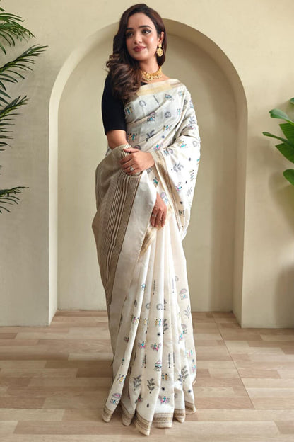 Glorious Off White Embroidery Work Tussar Silk Saree With Inspiring Blouse Piece