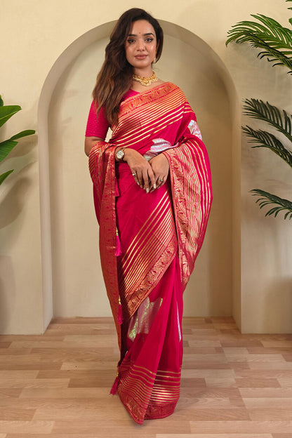 Gleaming Dark Pink Soft Banarasi Silk Saree With Phenomenal Blouse Piece