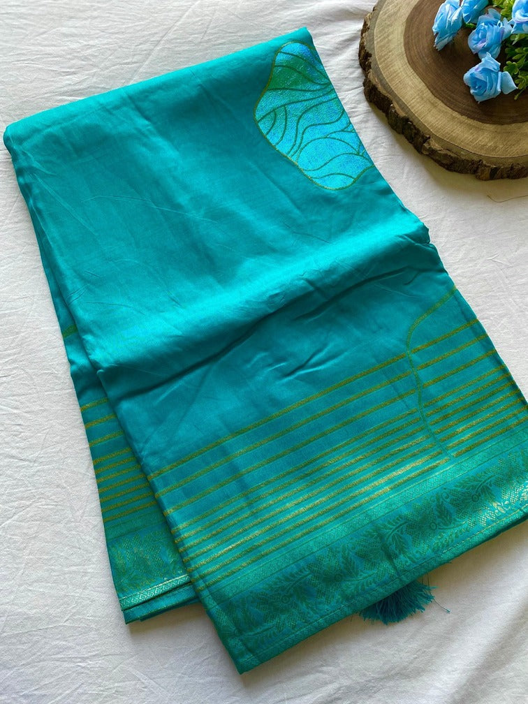 Staring Firozi Soft Banarasi Silk Saree With Jazzy Blouse Piece