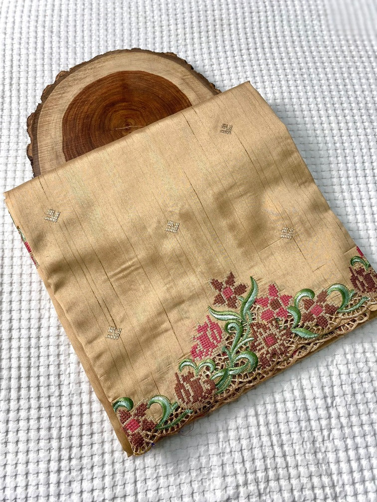 Precious Beige Embroidery Work Tussar Silk Saree With Attractive Blouse Piece