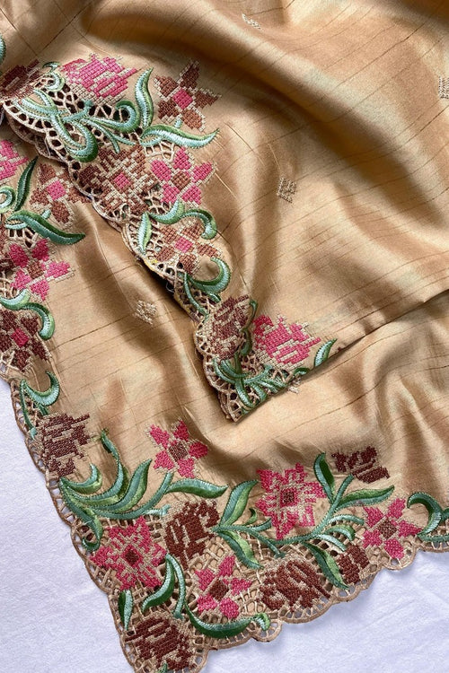 Load image into Gallery viewer, Precious Beige Embroidery Work Tussar Silk Saree With Attractive Blouse Piece
