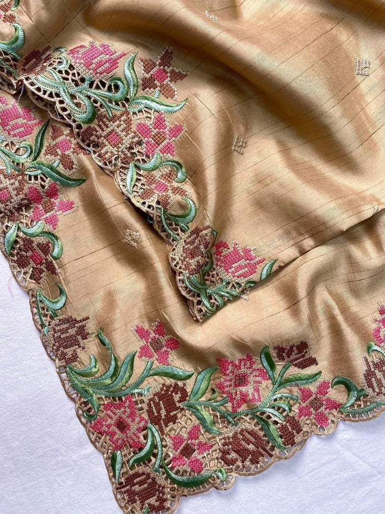 Precious Beige Embroidery Work Tussar Silk Saree With Attractive Blouse Piece