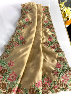 Precious Beige Embroidery Work Tussar Silk Saree With Attractive Blouse Piece