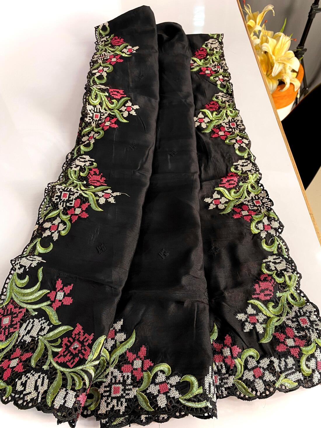 Flaunt Black Embroidery Work Tussar Silk Saree With Alluring Blouse Piece