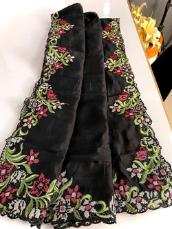 Flaunt Black Embroidery Work Tussar Silk Saree With Alluring Blouse Piece