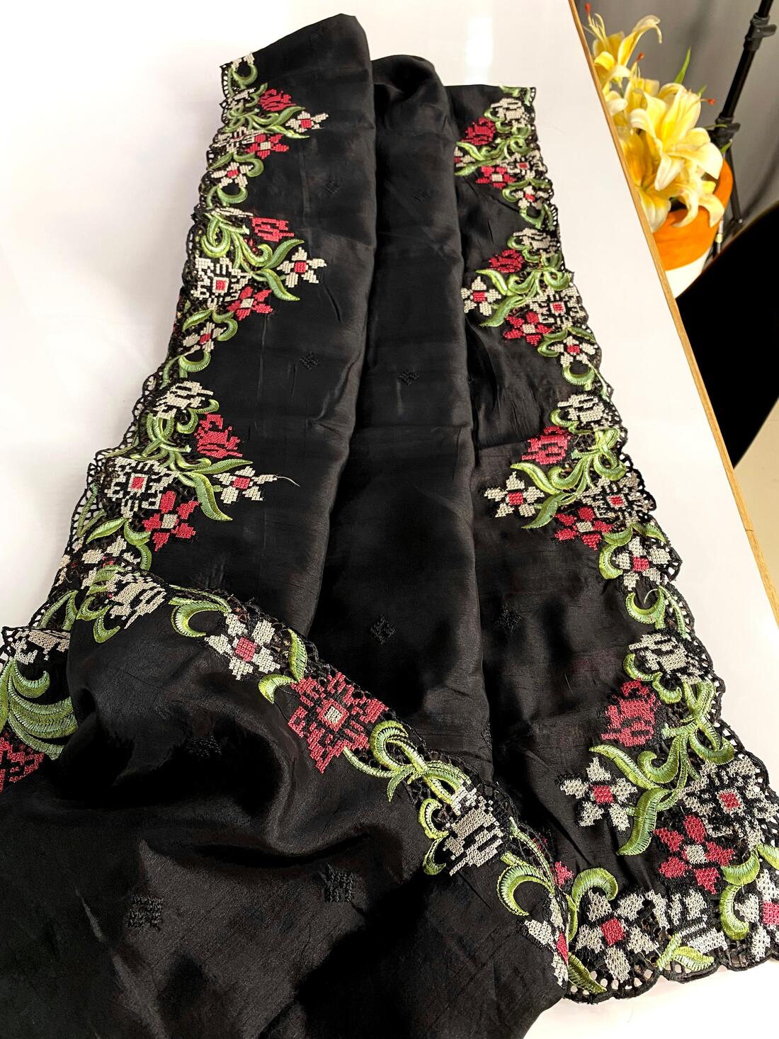 Flaunt Black Embroidery Work Tussar Silk Saree With Alluring Blouse Piece