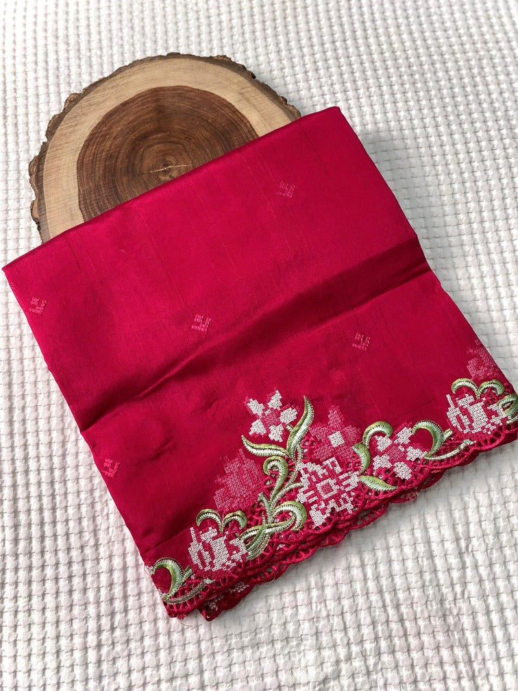 Staring Dark Pink Embroidery Work Tussar Silk Saree With Glowing Blouse Piece