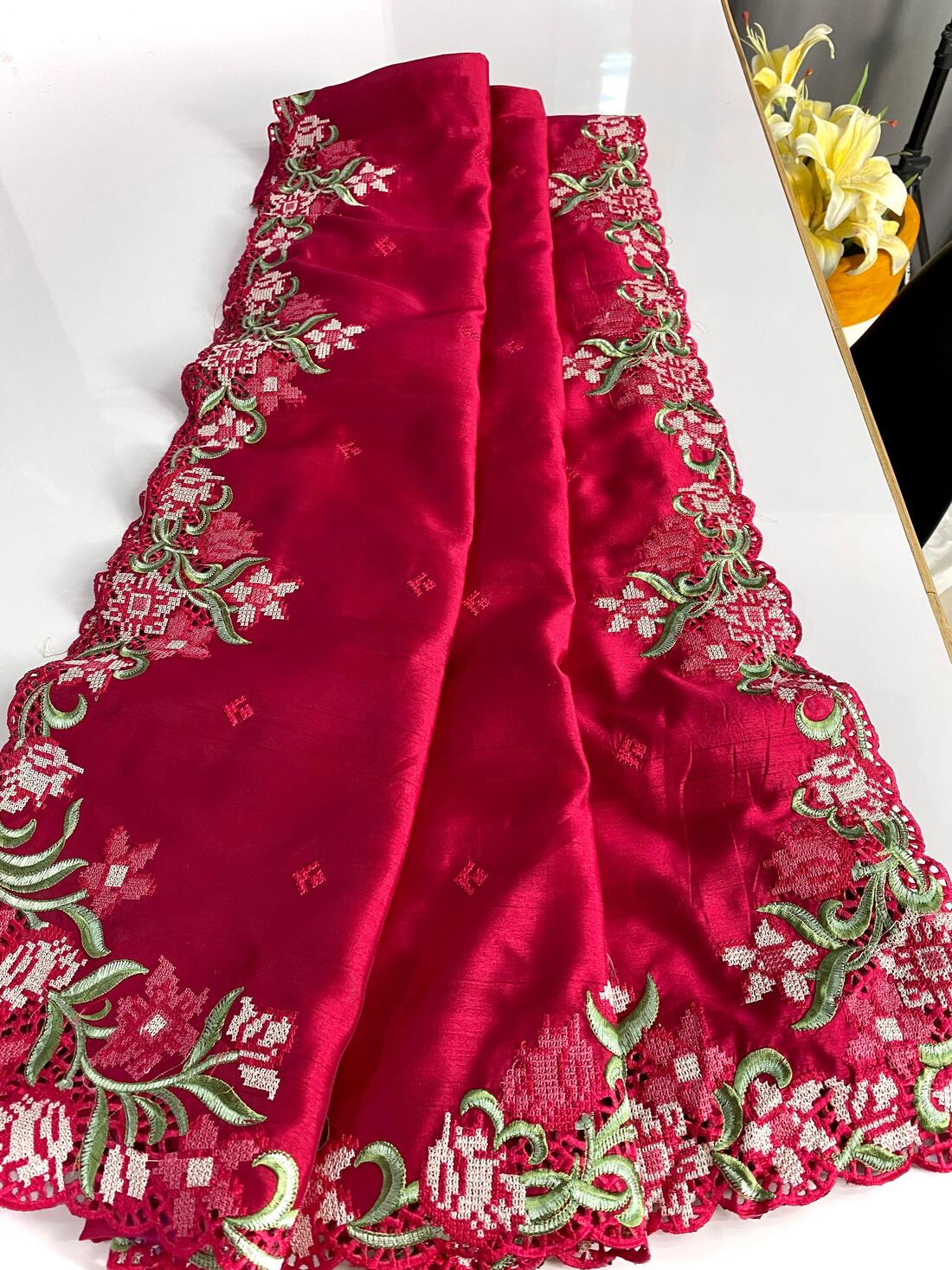 Staring Dark Pink Embroidery Work Tussar Silk Saree With Glowing Blouse Piece