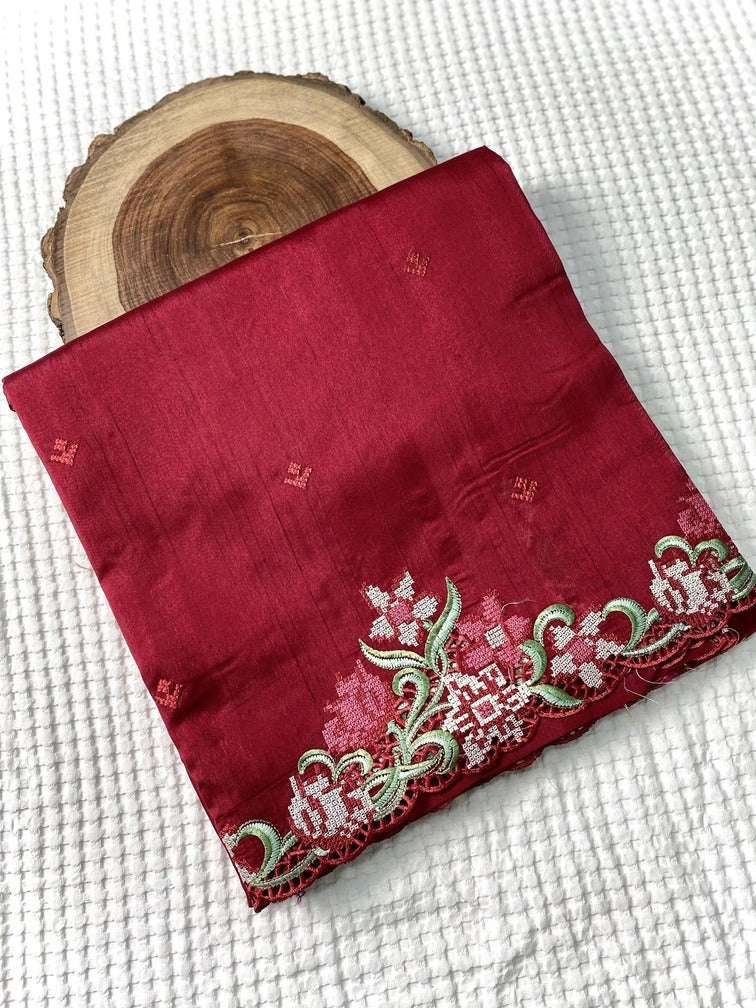 Surpassing Maroon Embroidery Work Tussar Silk Saree With Captivating Blouse Piece