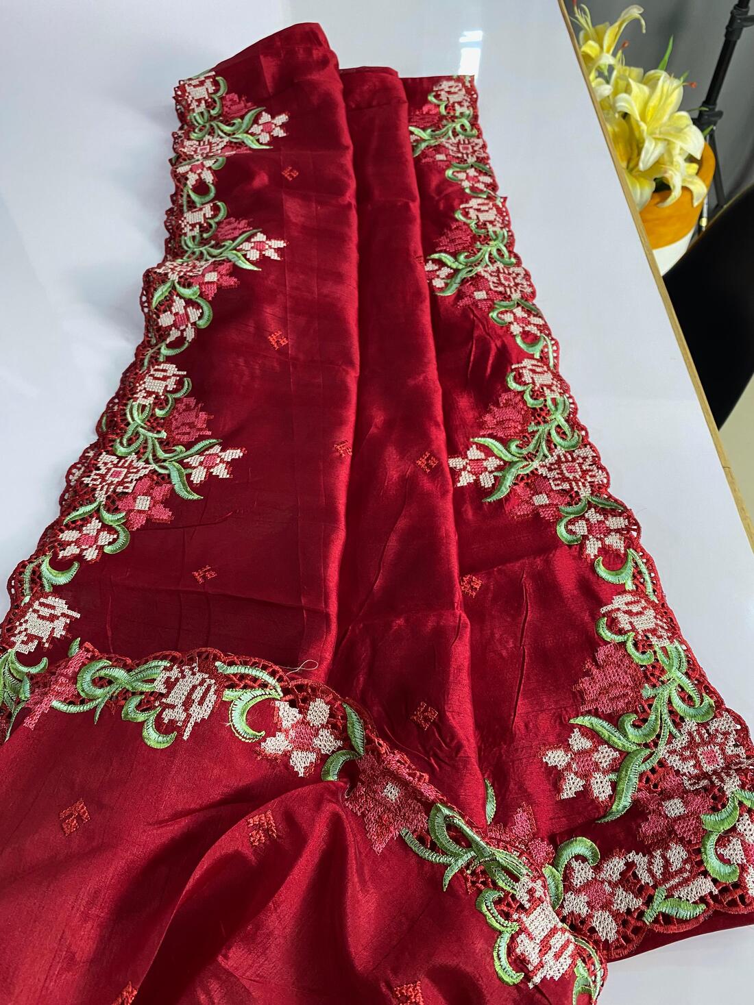 Surpassing Maroon Embroidery Work Tussar Silk Saree With Captivating Blouse Piece