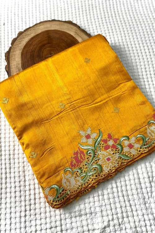 Load image into Gallery viewer, Blissful Mustard Embroidery Work Tussar Silk Saree With Preferable Blouse Piece
