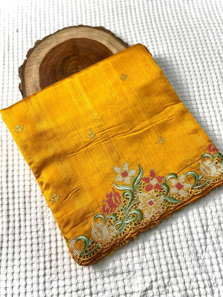 Blissful Mustard Embroidery Work Tussar Silk Saree With Preferable Blouse Piece